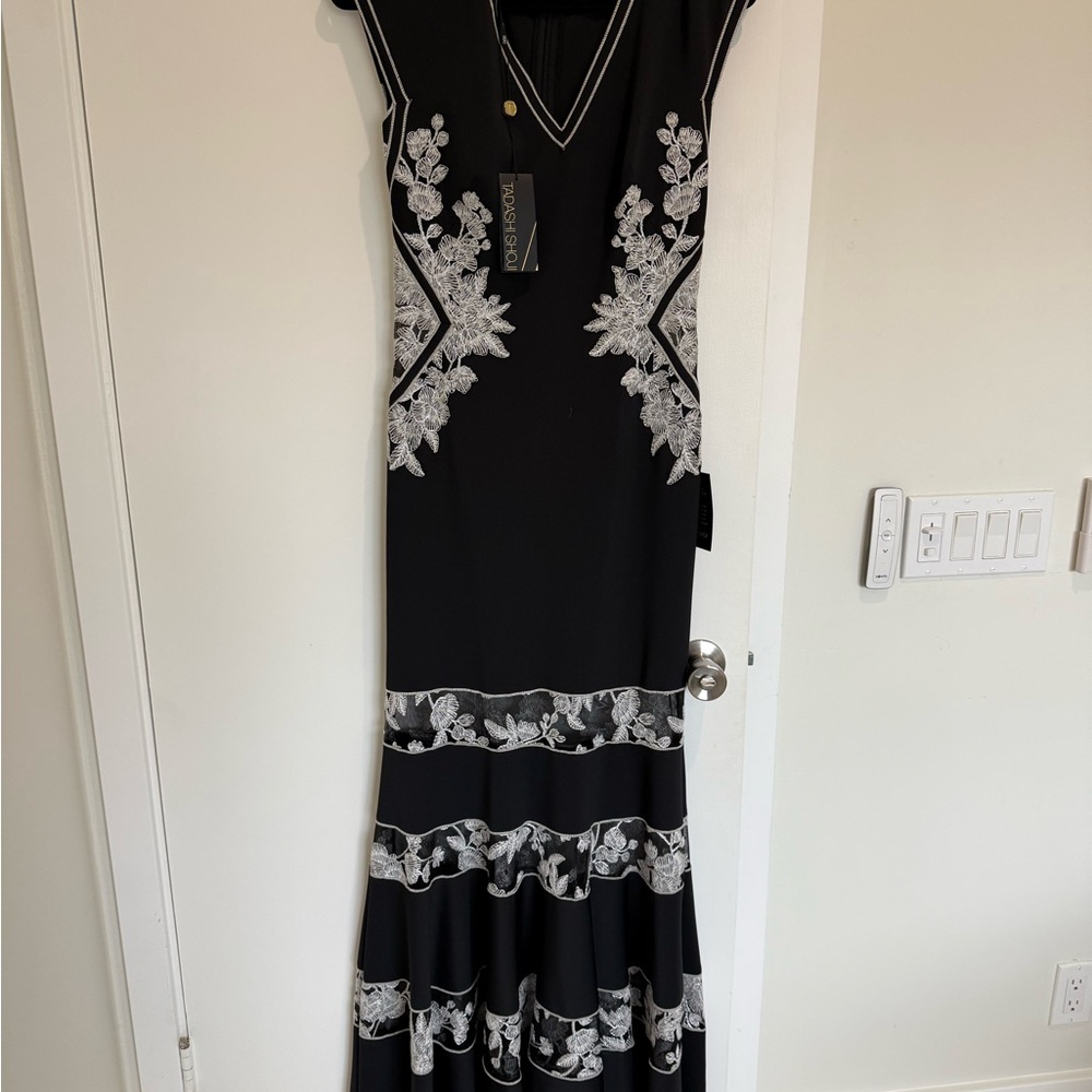 Tadashi Shoji Black Maxi Dress with White Floral Embroidery - Picture 1 of 9